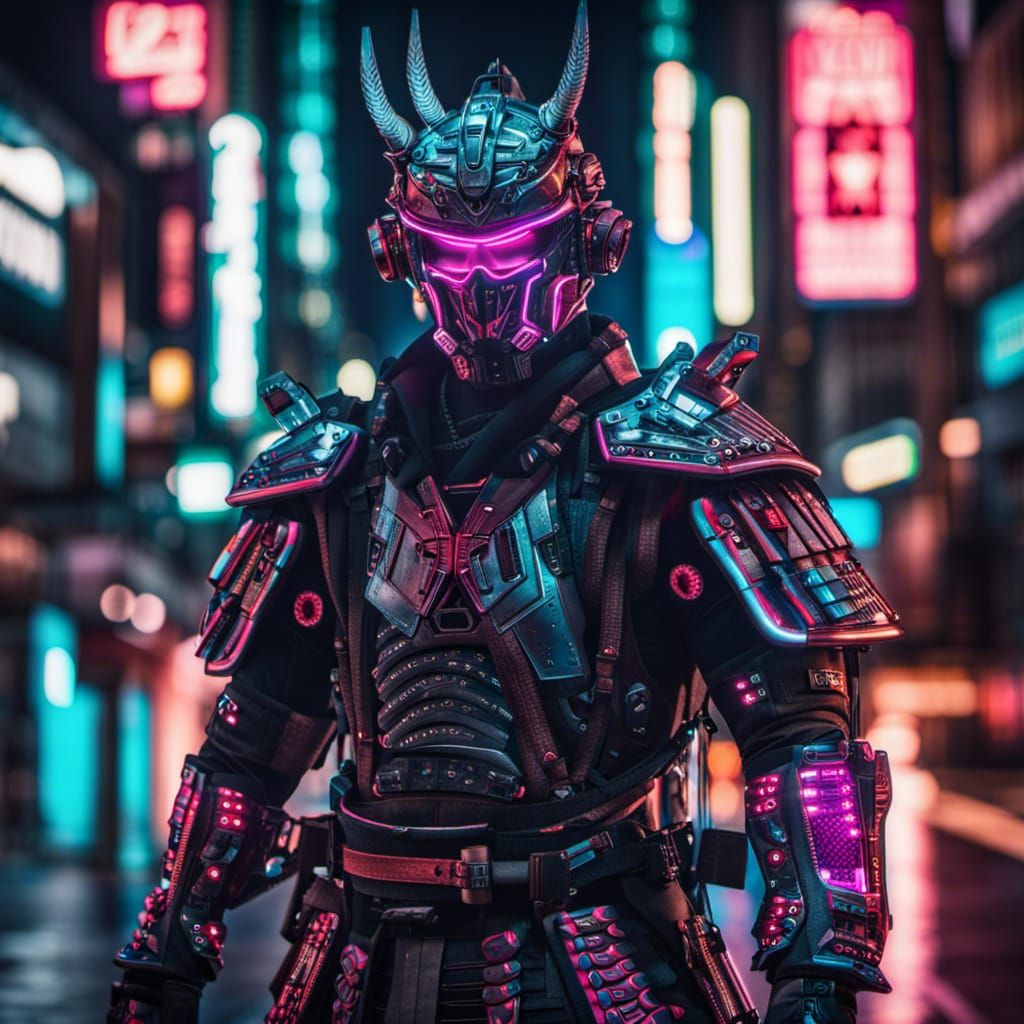 Cyberpunk Samurai in Neon City at Night