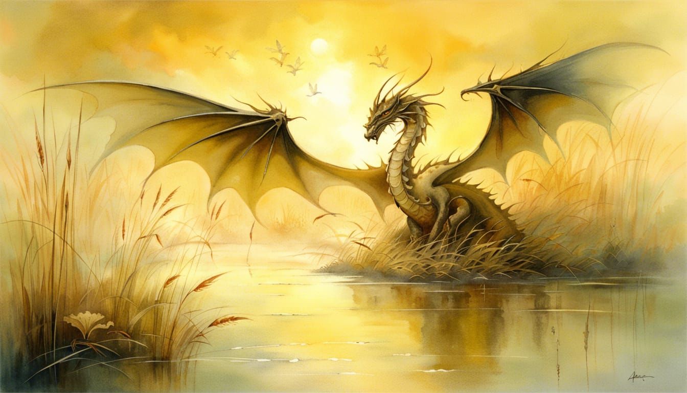 Dragon Bathing with Fairies in Watercolor Splash Art