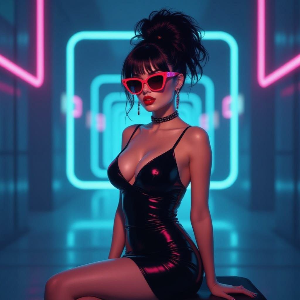 Glamorous Woman in Neon Futuristic Scene