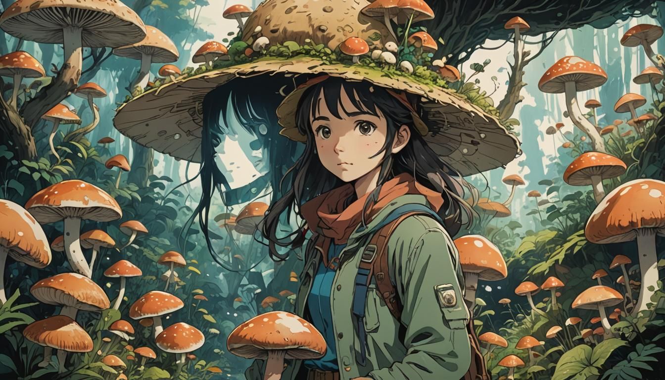 Mushroom Hat Girl: Ink Drawing in Anime Style