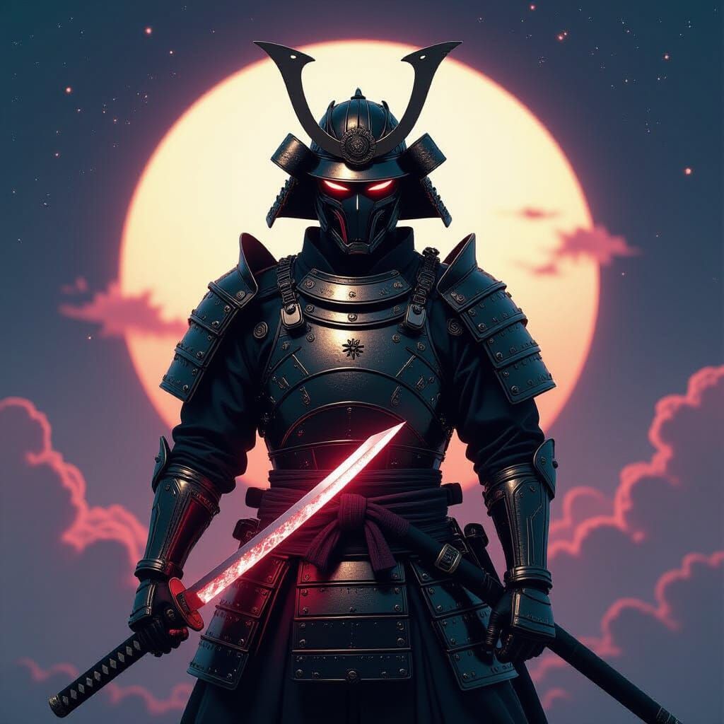 Futuristic Samurai Warrior in Cosmic Galaxy, Neon Lit Style