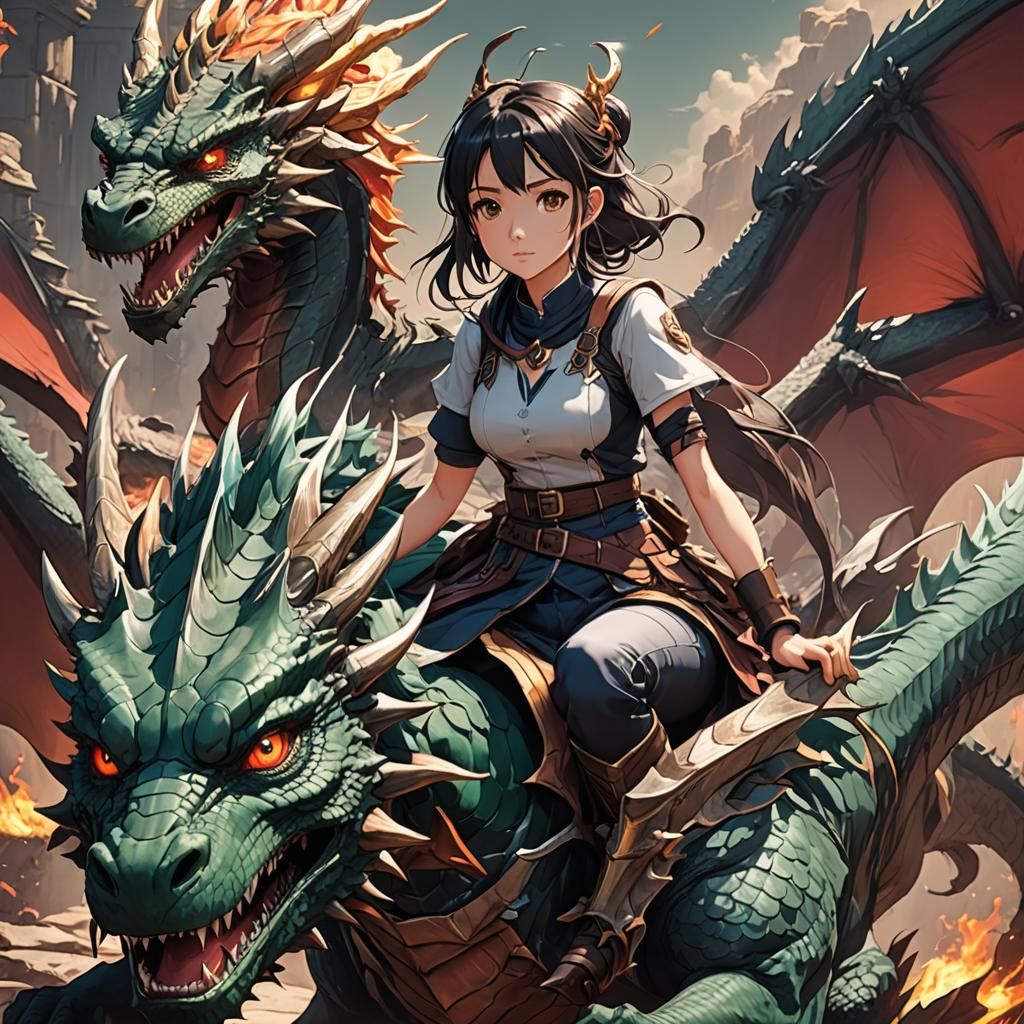 Anime Girl on Dragon Cel-Shaded Art