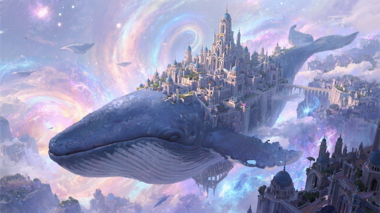 City on Giant Sky Whale in Nebula