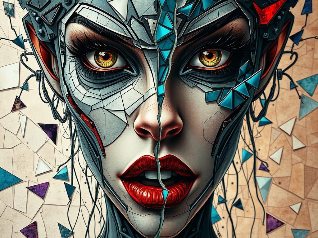 Mysterious Mechanical Demon with Shattered Glassy and Surrea...