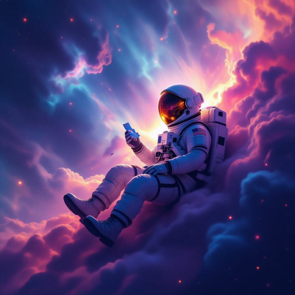 Astronaut Adrift in Vibrant Nebula, Cinematic Matte Painting