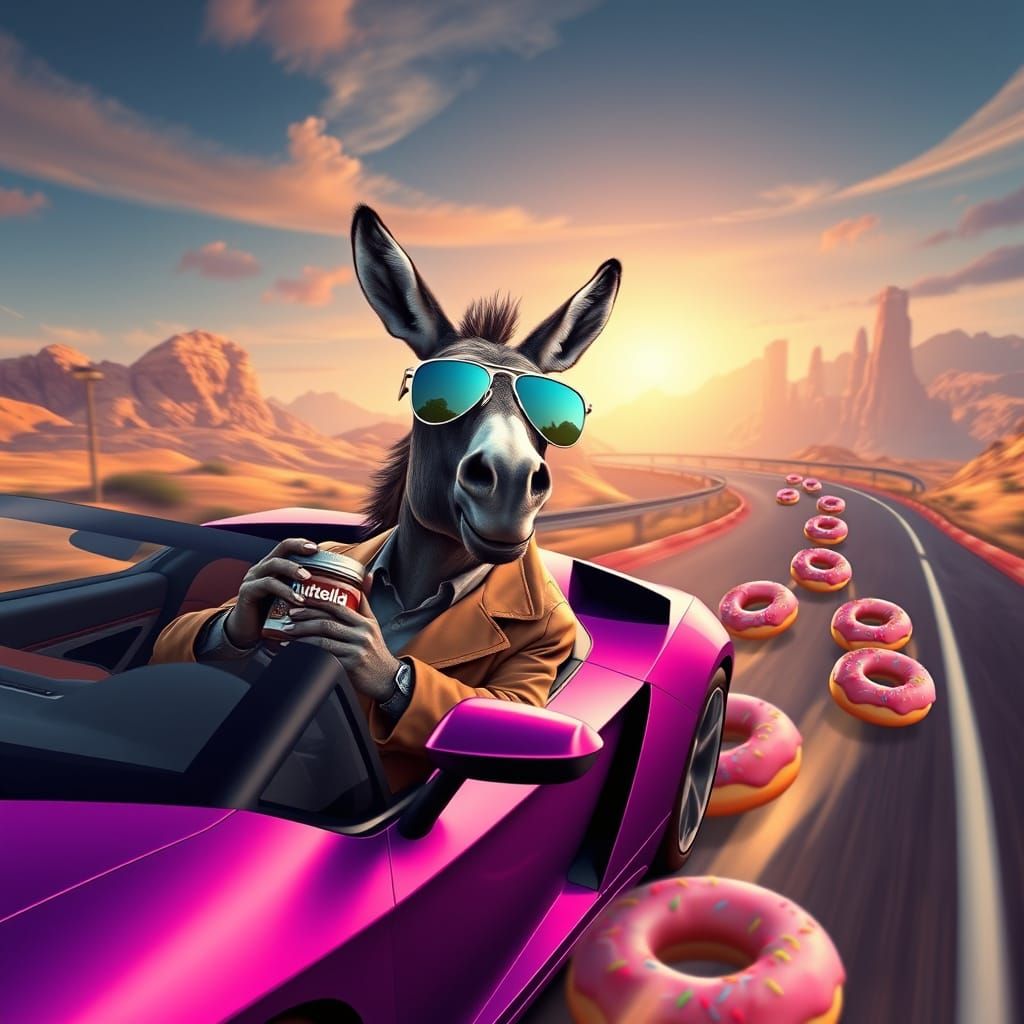 Donkey Cruises in Style, Chased by Colorful Donuts