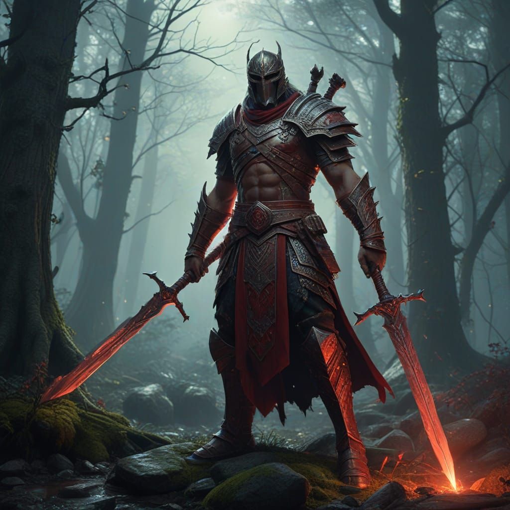 Warrior with Ruby Swords in Moonlit Forest