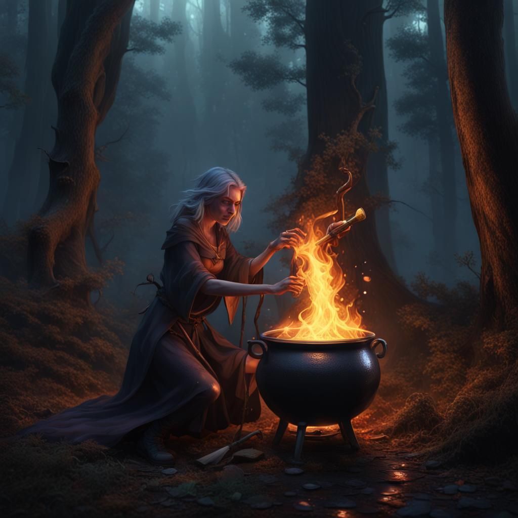 Wicca Brews Potion in Dark Fantasy Forest