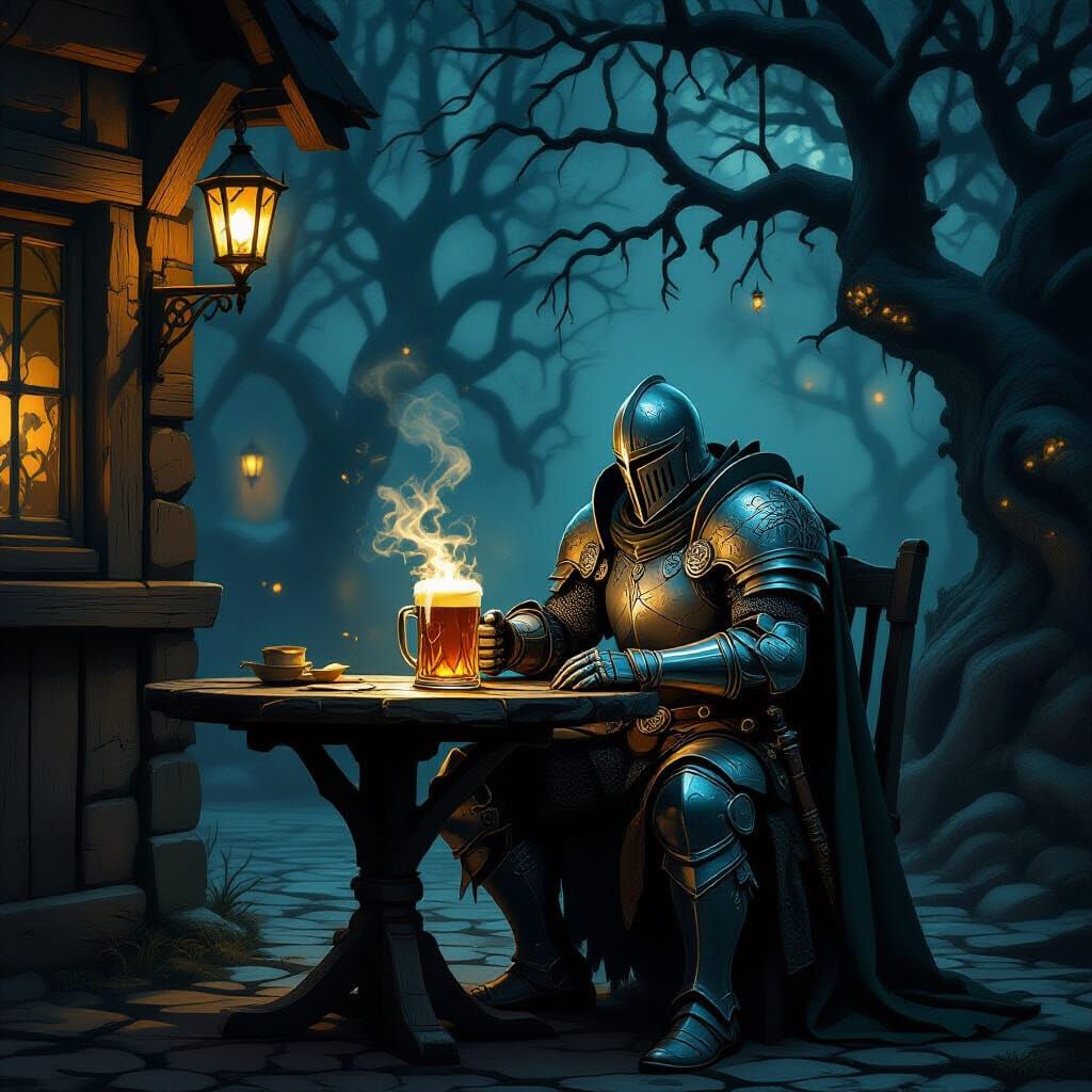 Knight with Ale at Tavern in Dark Fantasy Style
