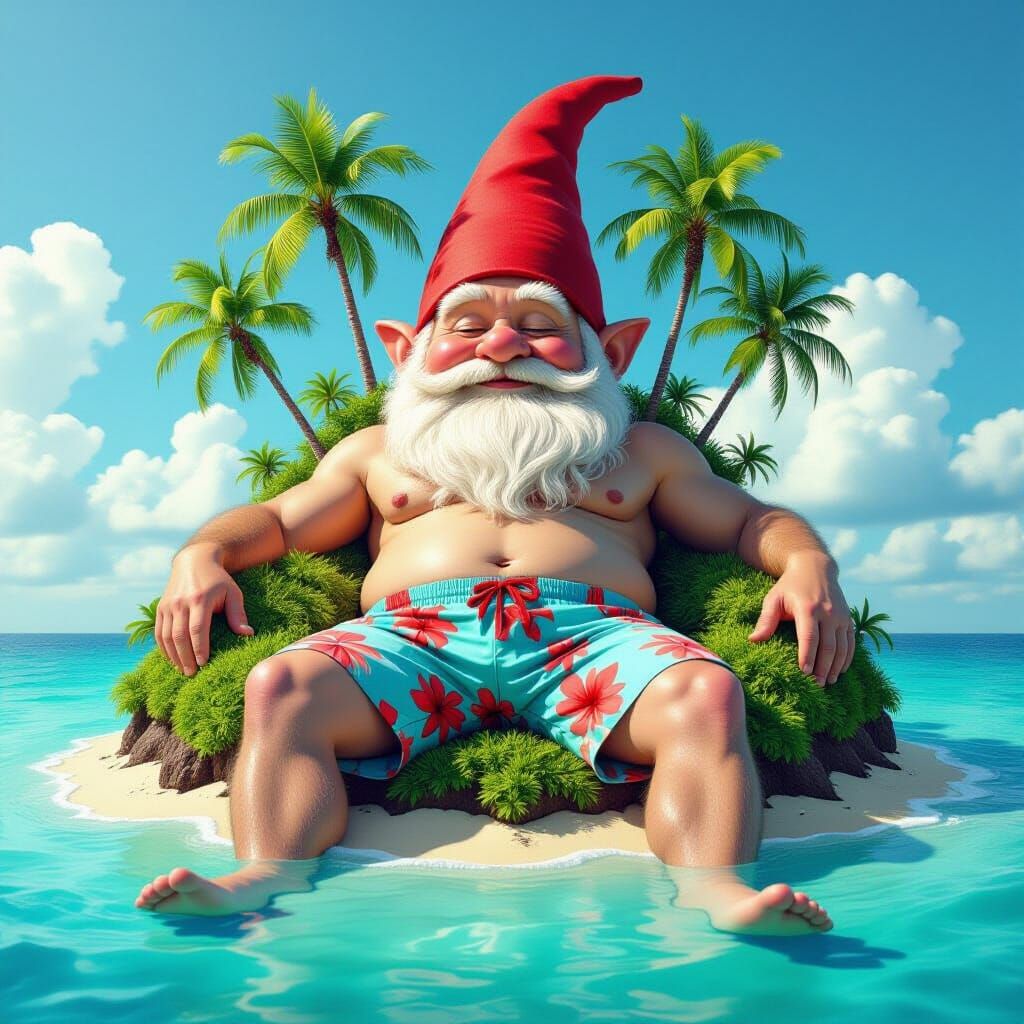 Whimsical Gnome Becomes Tropical Island in Photorealism