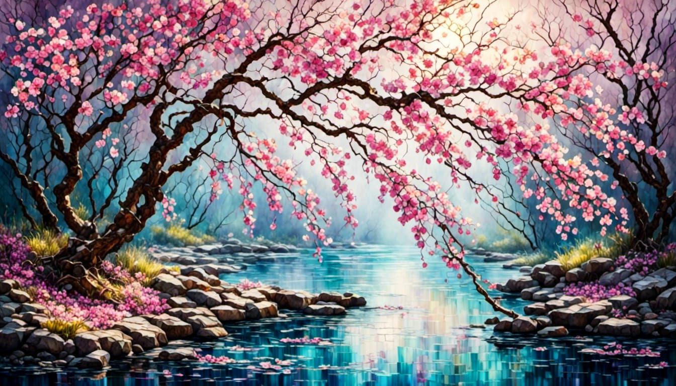 Cherry blossoms over a stream