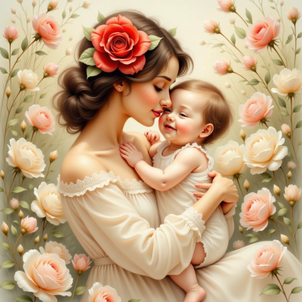 Mother and Baby in Rose Garden: Impressionistic Style