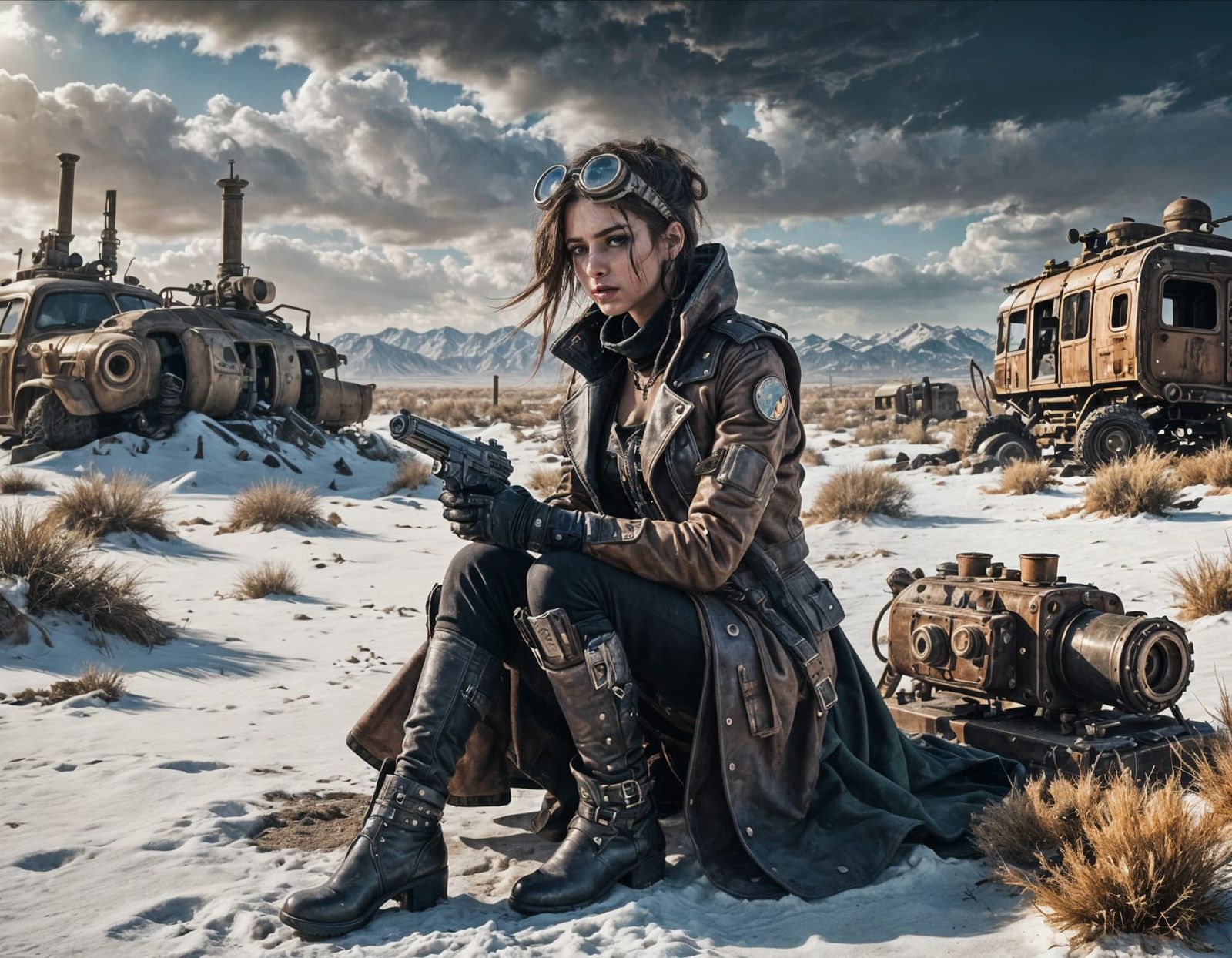 Girl in Cyberpunk Steampunk Wasteland with Gun