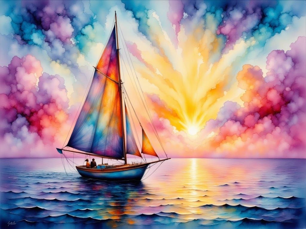 Vibrant Sunset Sailing Scene in Expressive Brushwork
