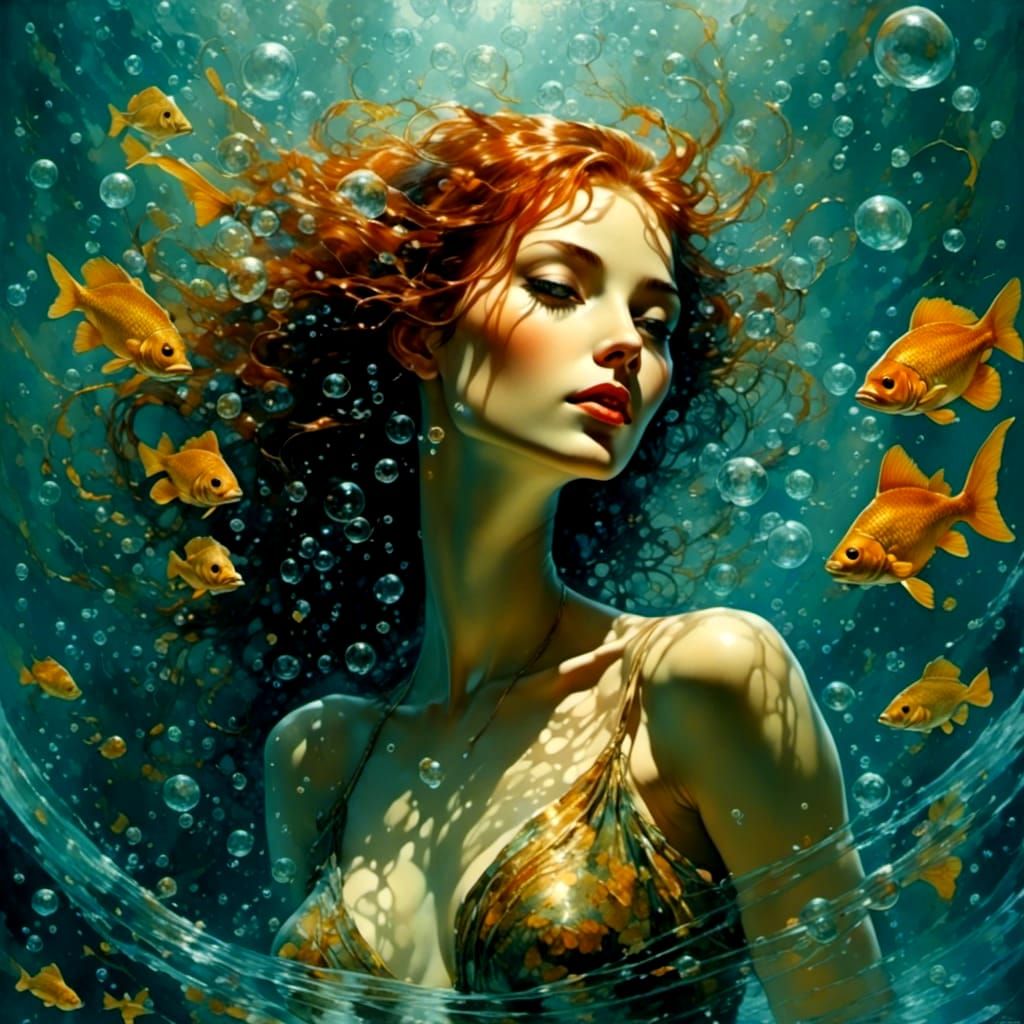 Fantasy Redhead in Tropical Underwater Grotto