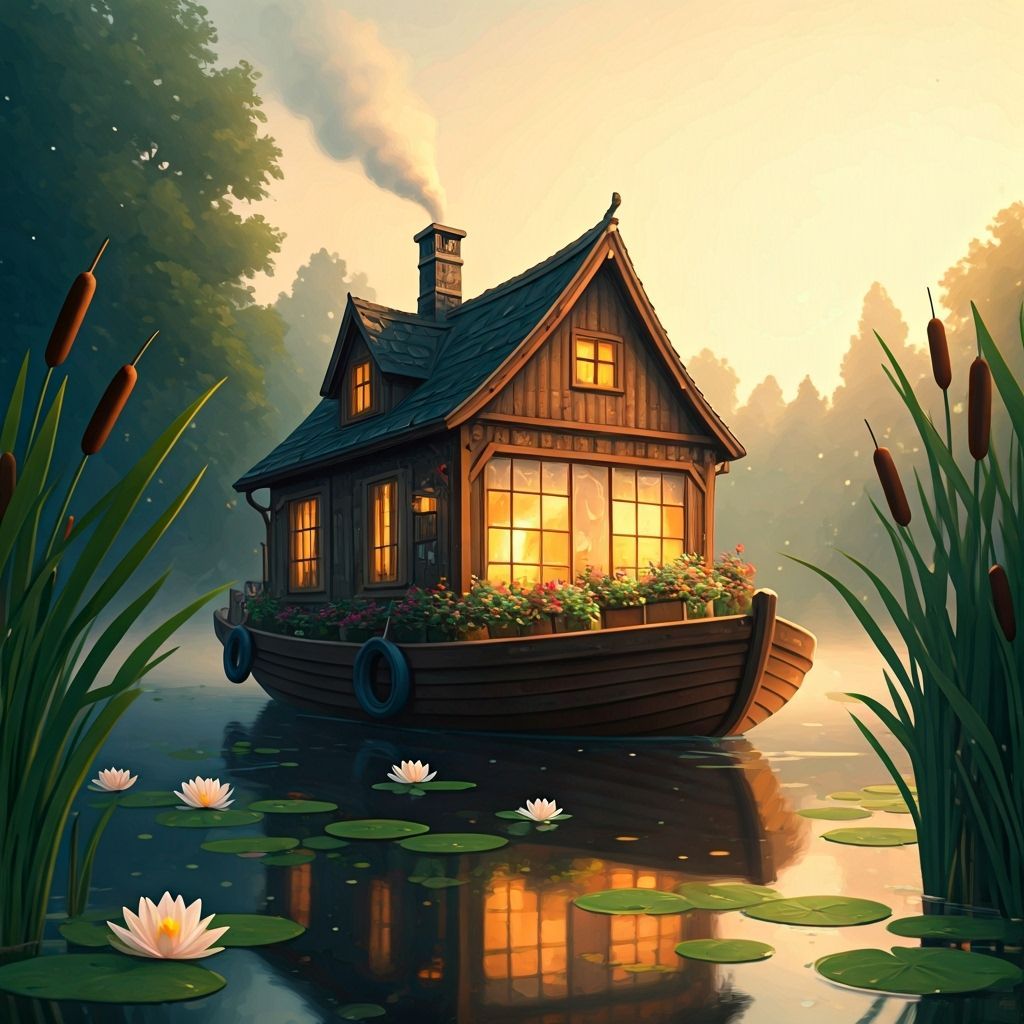 Dreamy Houseboat in Watercolor Style