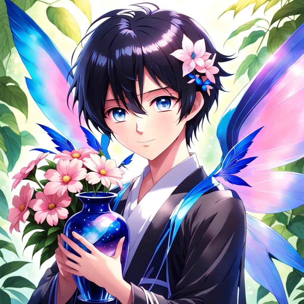 Anime Fairy with Flower Vase and Translucent Wings