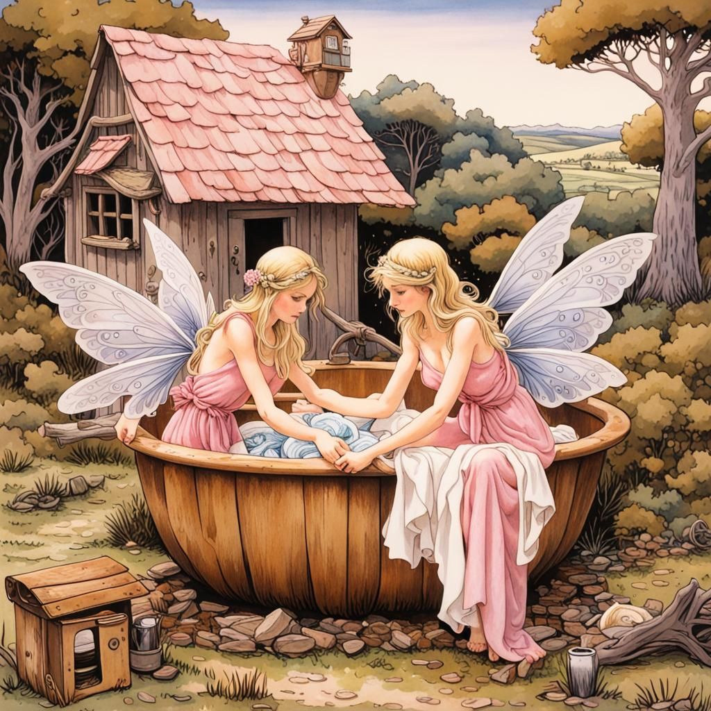 Fairies Doing Laundry in the Village, Milo Manara Style