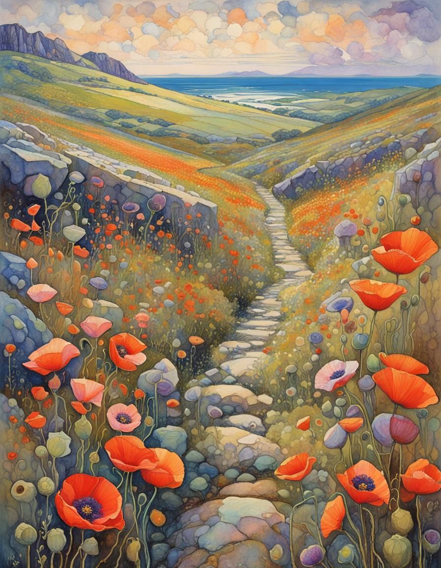 Poppy Path: Art Nouveau Watercolour Landscape