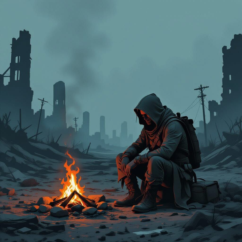 Post-Apocalyptic Wanderer by Campfire