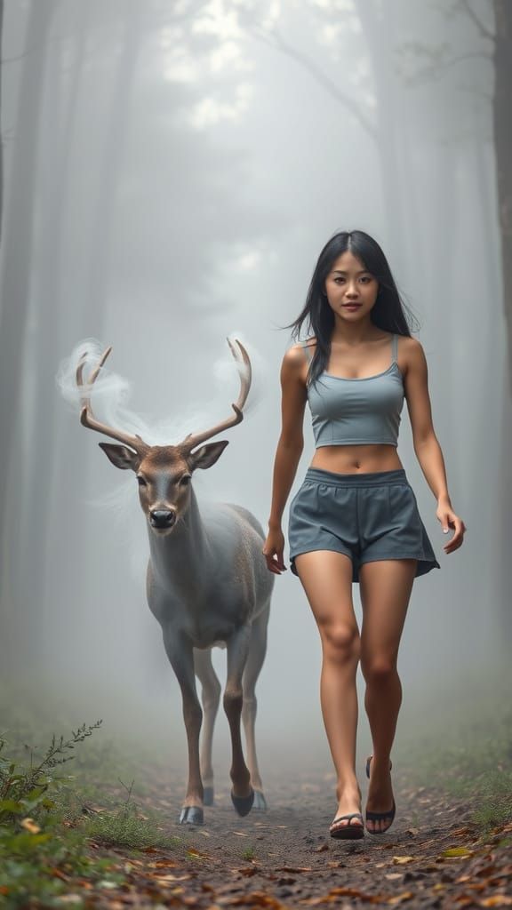 Mystical Deer Guides Woman Through Foggy Forest