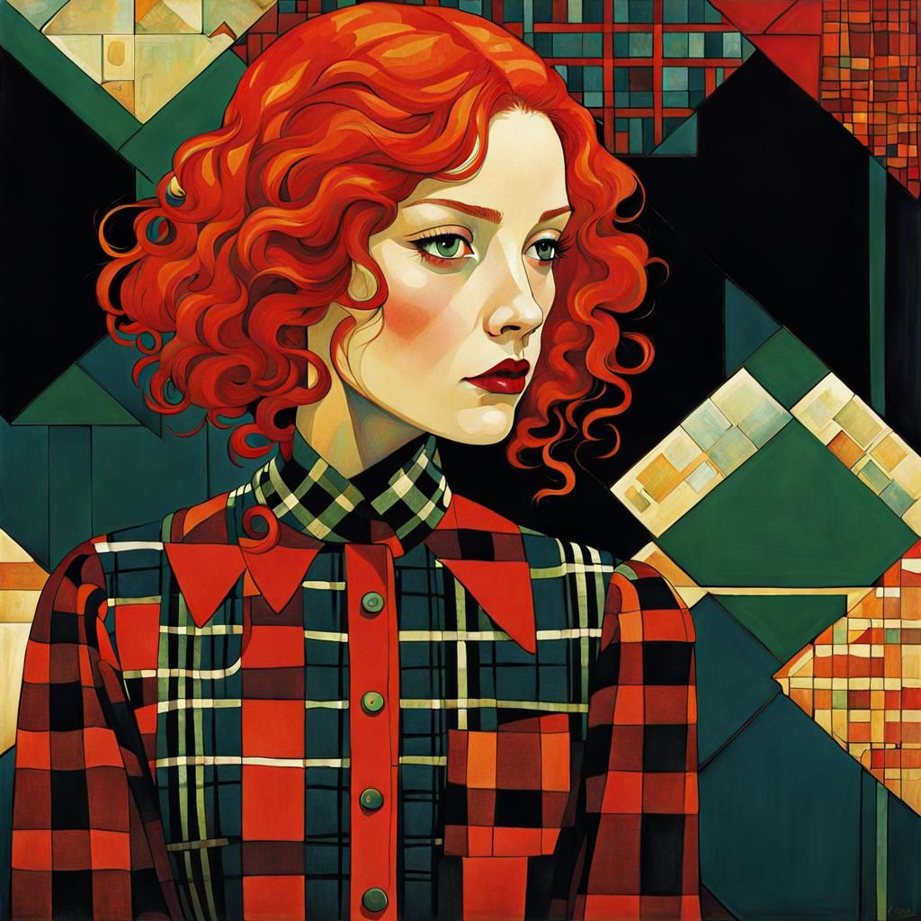 Woman with Red Hair in Plaid Dress