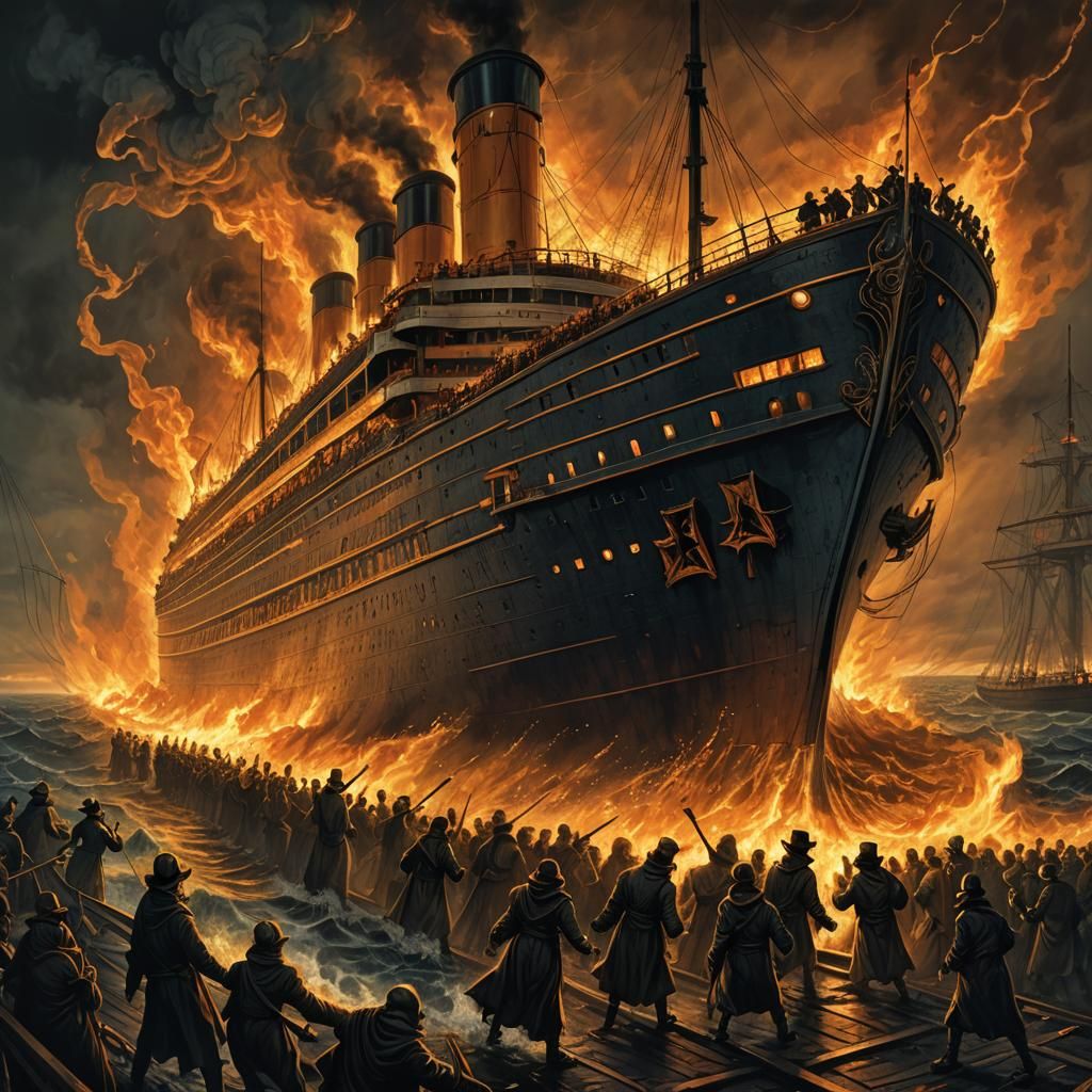 Burning Ocean Liner: Dark Fantasy Horror Illustration