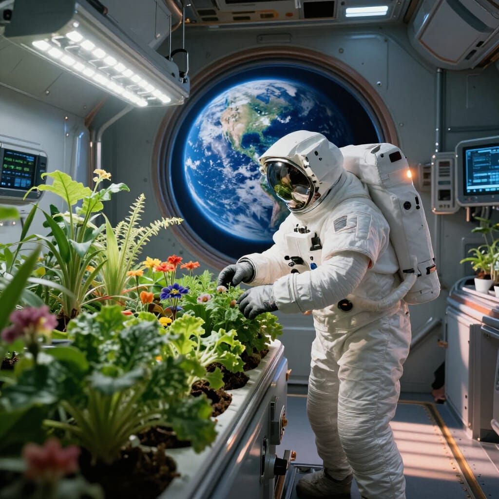 Astronaut Tends Hydroponic Garden in Spacecraft