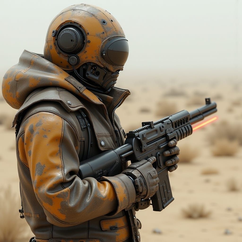 Wasteland Wanderer with Laser Rifle in Sci-Fi Scene