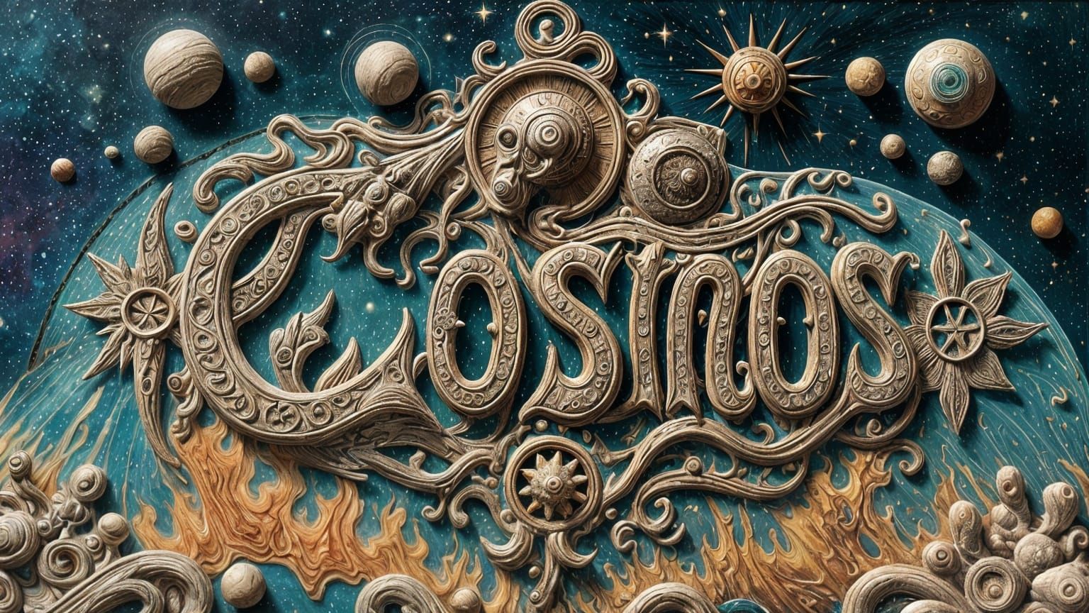 Cosmic Wood Carving of Ancient Symbol in Surreal Style