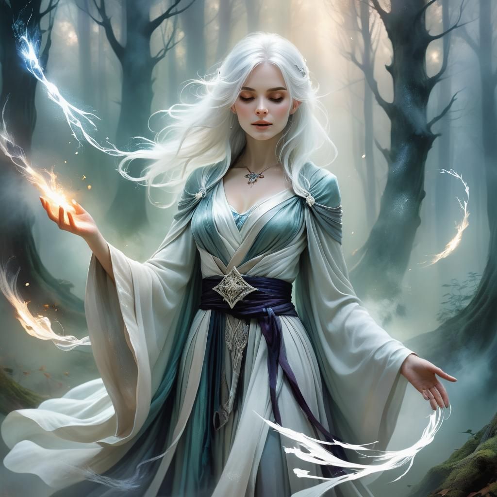 Mystical Female Mage Casting Spell in Misty Forest