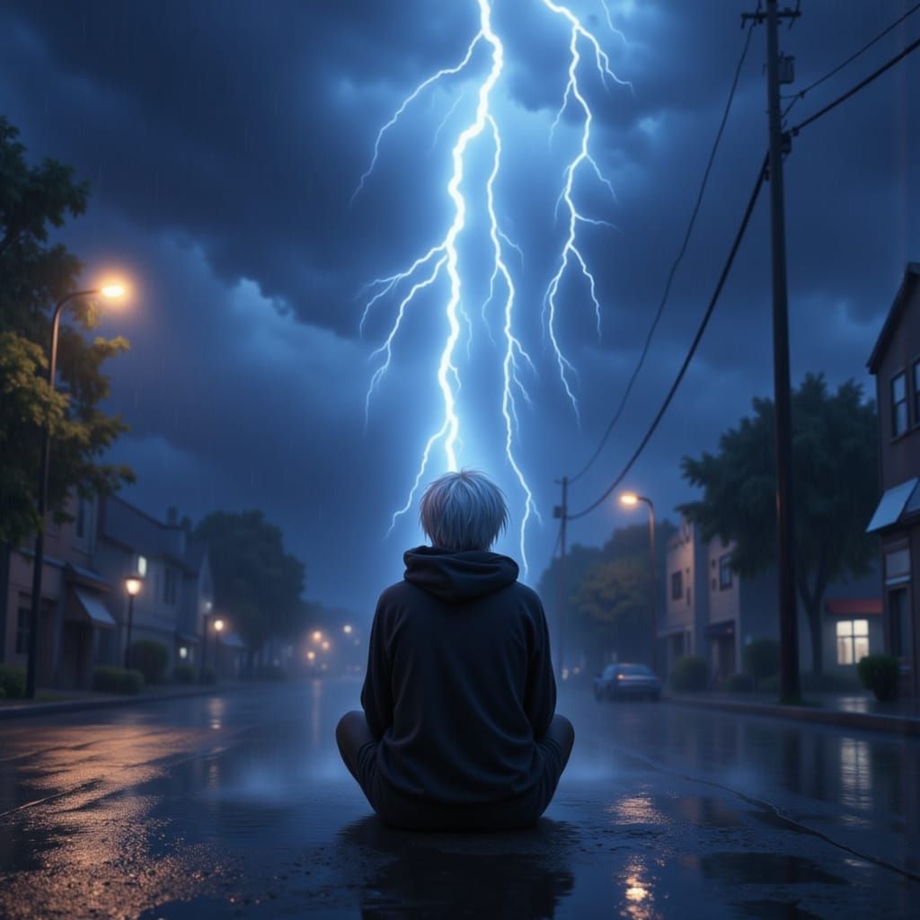 Anime Man in Hoodie Amidst Dystopian Storm