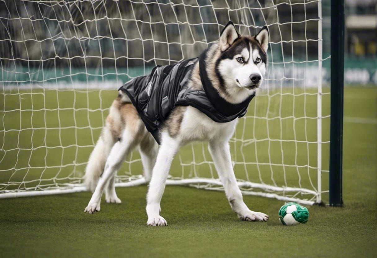 Siberian Husky Football Goalkeeper Ready to Save
