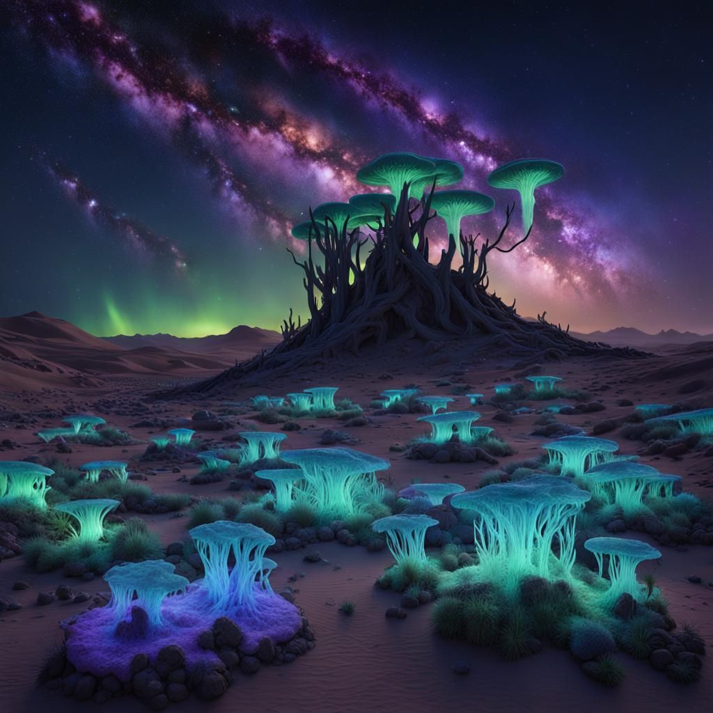 Bioluminescent Mycelium Sprawling Across Desert Sky