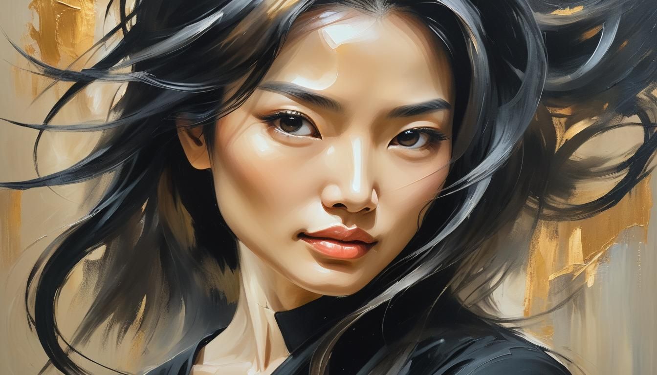 Elegant Asian Woman in Neo-Expressionist Oil Painting