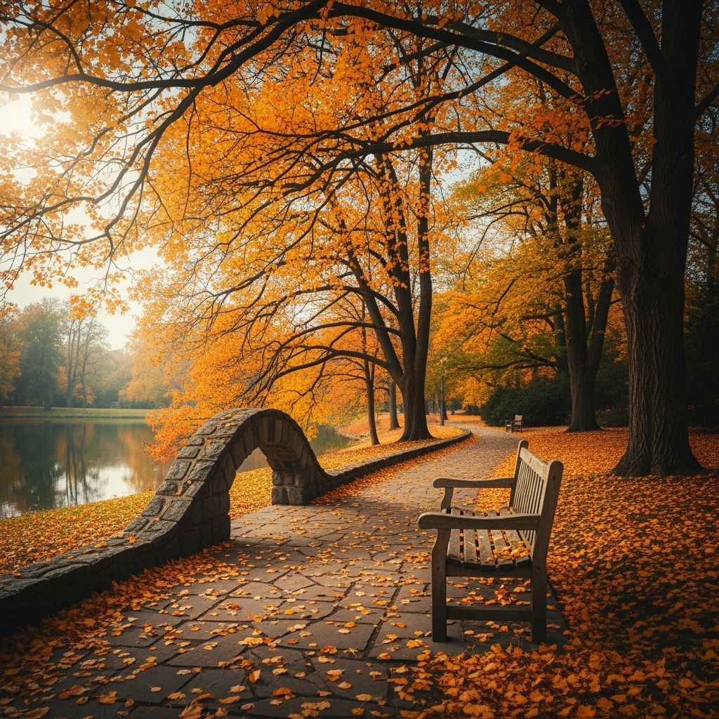 Serene Autumn Park Bench Surrounded by Golden Leaves