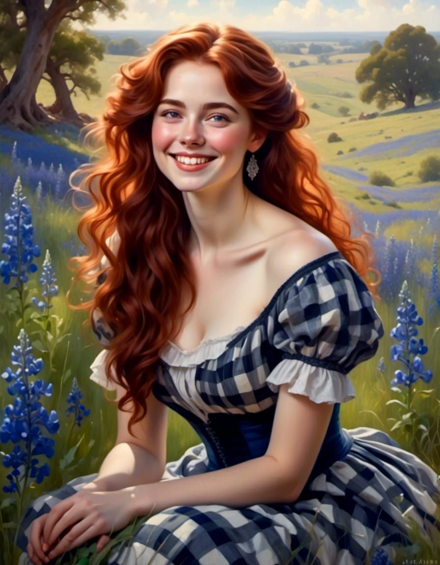 Victorian Woman in Bluebonnet Field Portrait