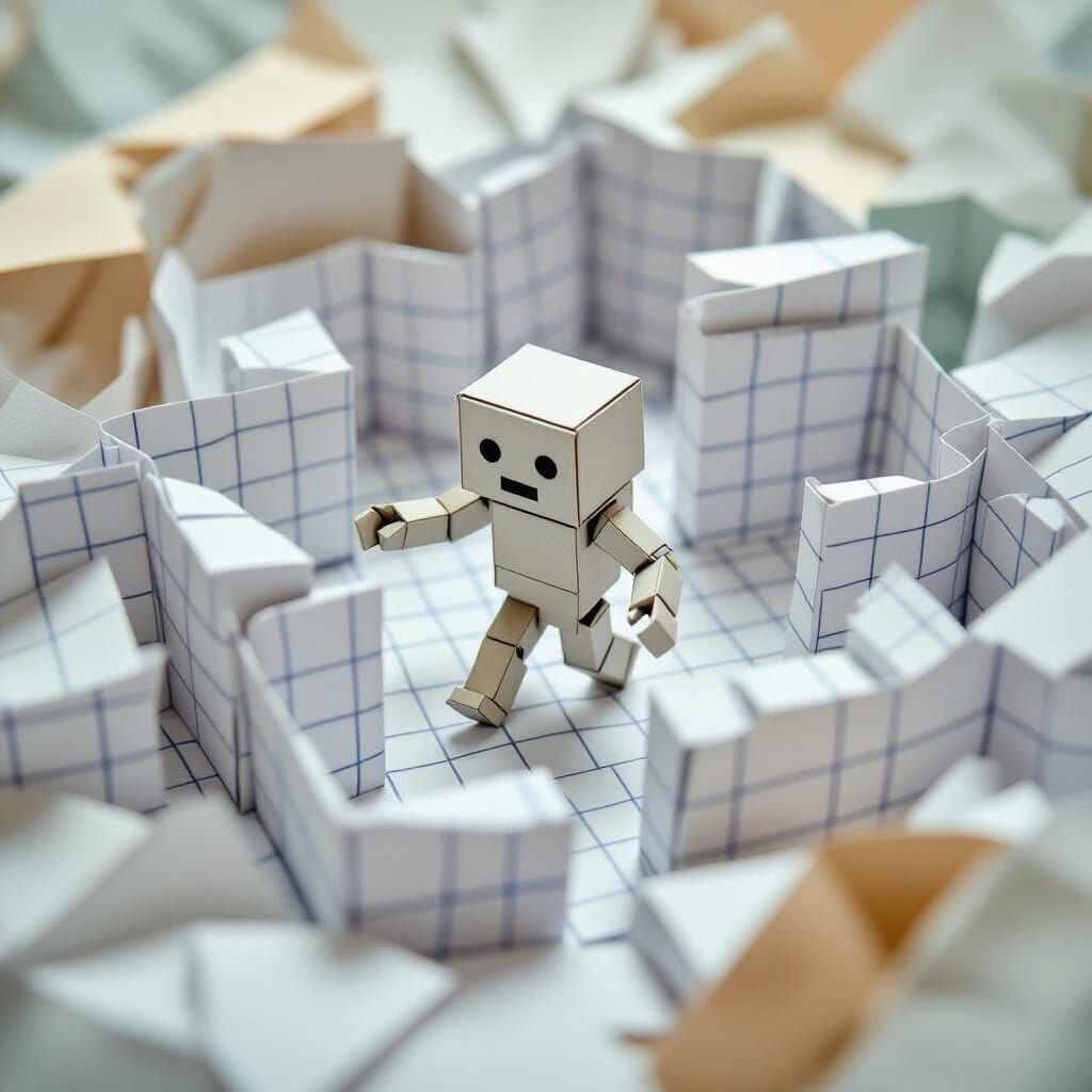 Comical Papercraft AI Lost in a Folded Paper Maze
