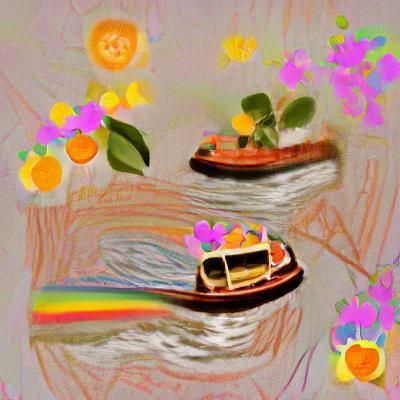 Surreal Landscape with Tangerine Trees and River Boat