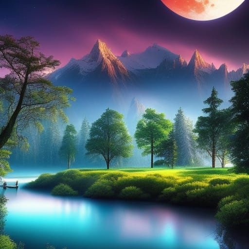 Fantasy Dreamscape with Tree, Moon, and Lake