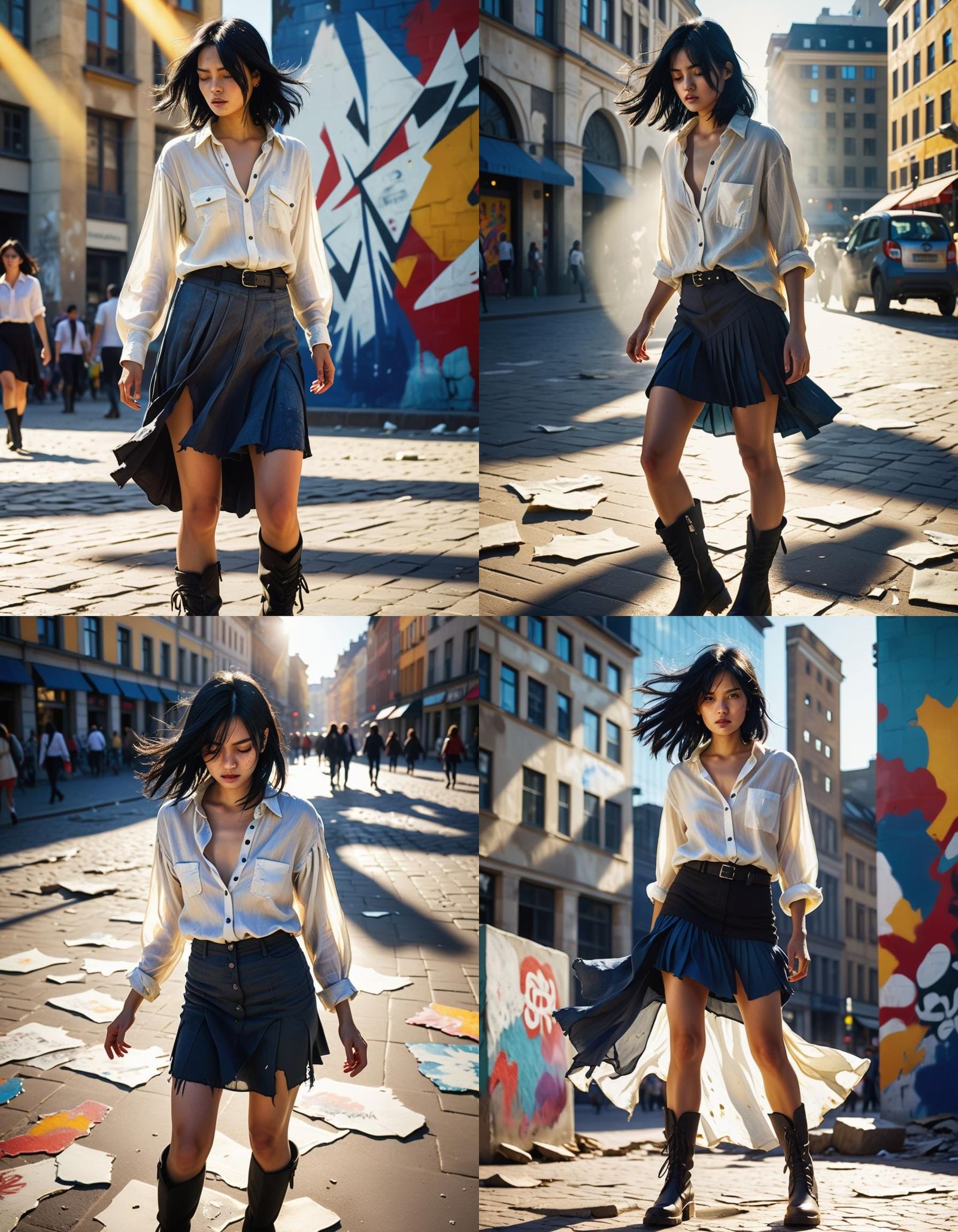 Woman in City Square with Dynamic Shadows
