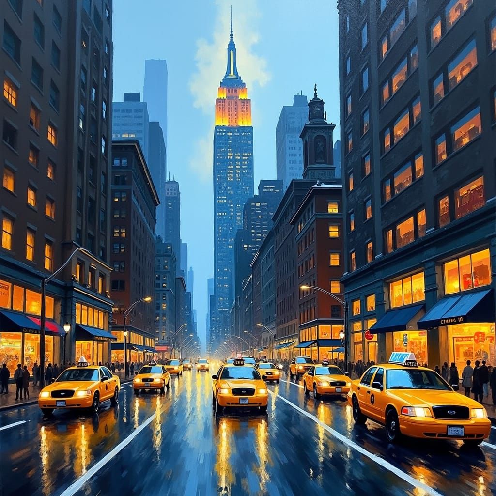 New York Cityscape at Dusk, Impressionistic Painting