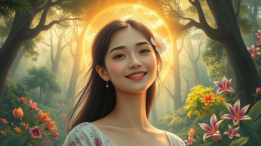 Serene Woman in Forest, Pop Surrealist Style