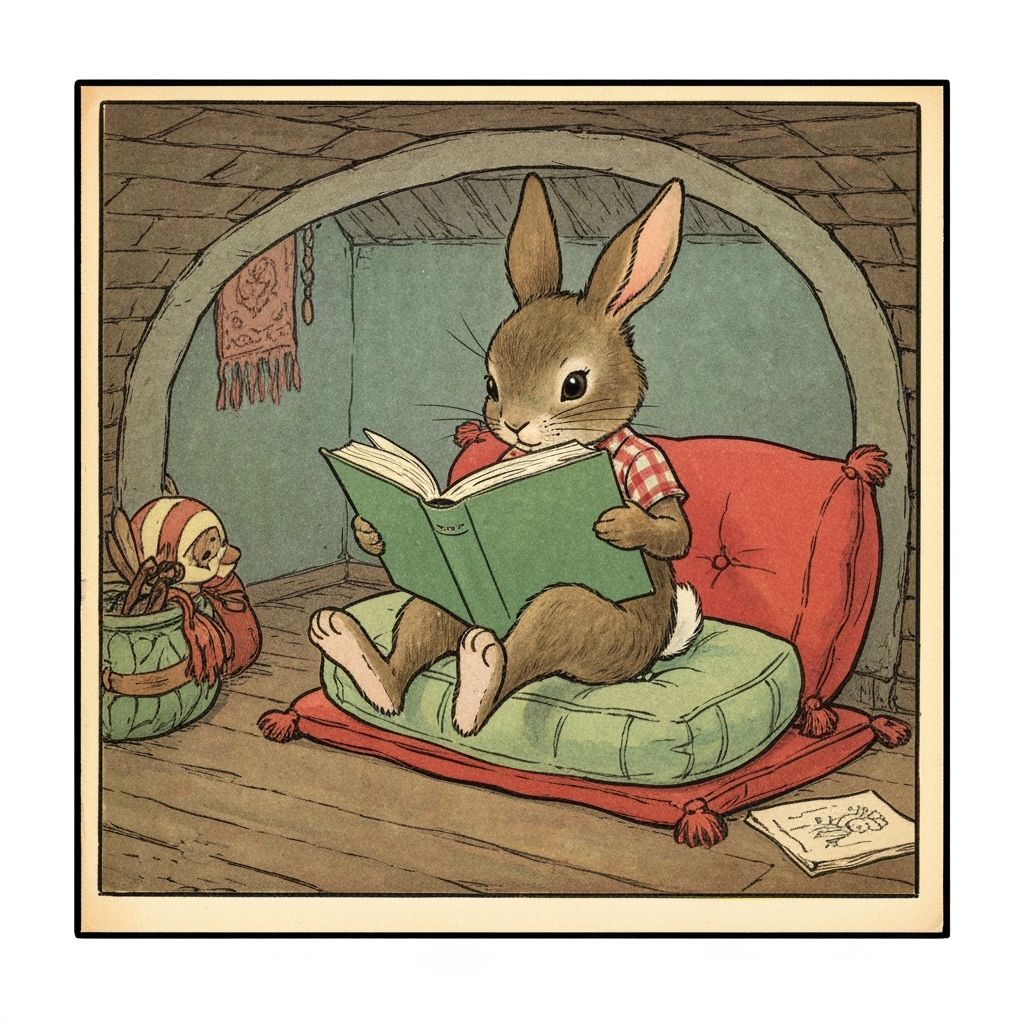 Quaint Rabbit Reading Nook: 1920s Illustration