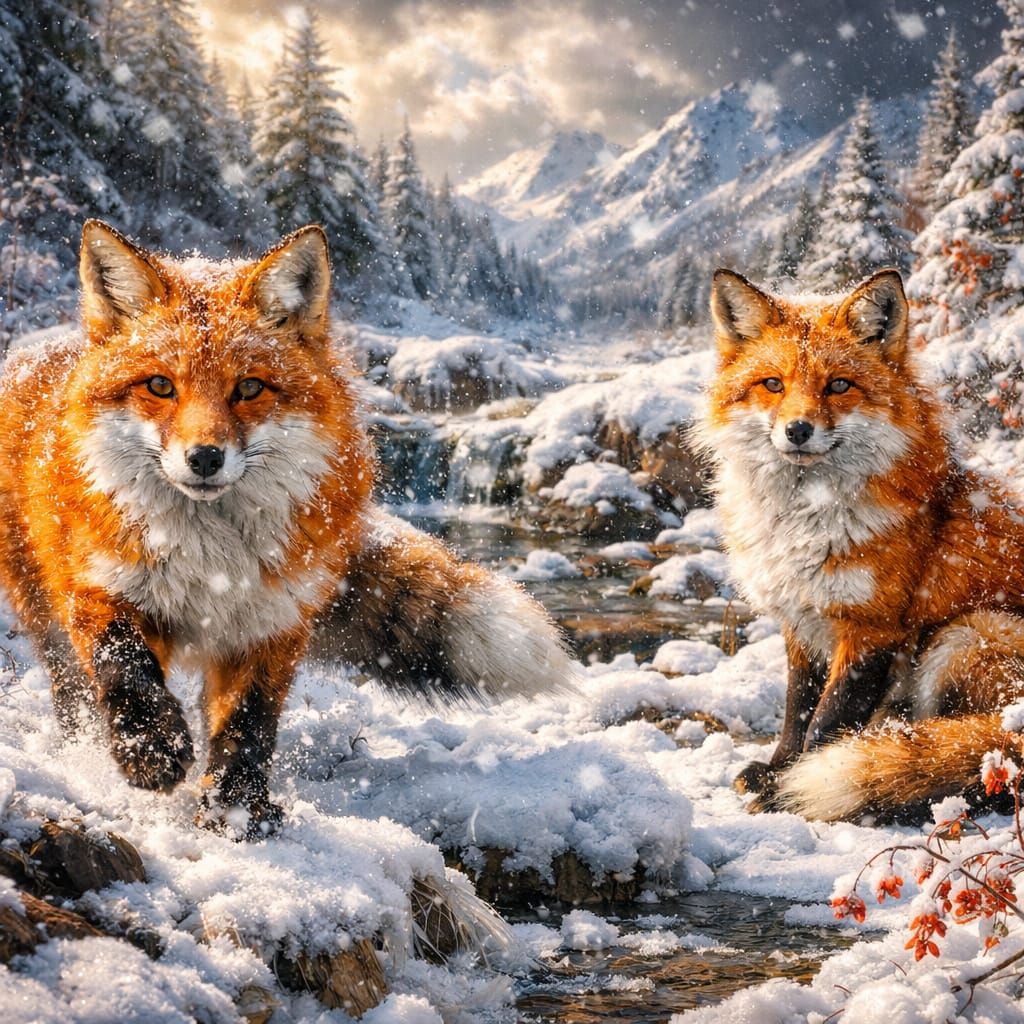 Hyper-Realistic Foxes in Snowy Landscape