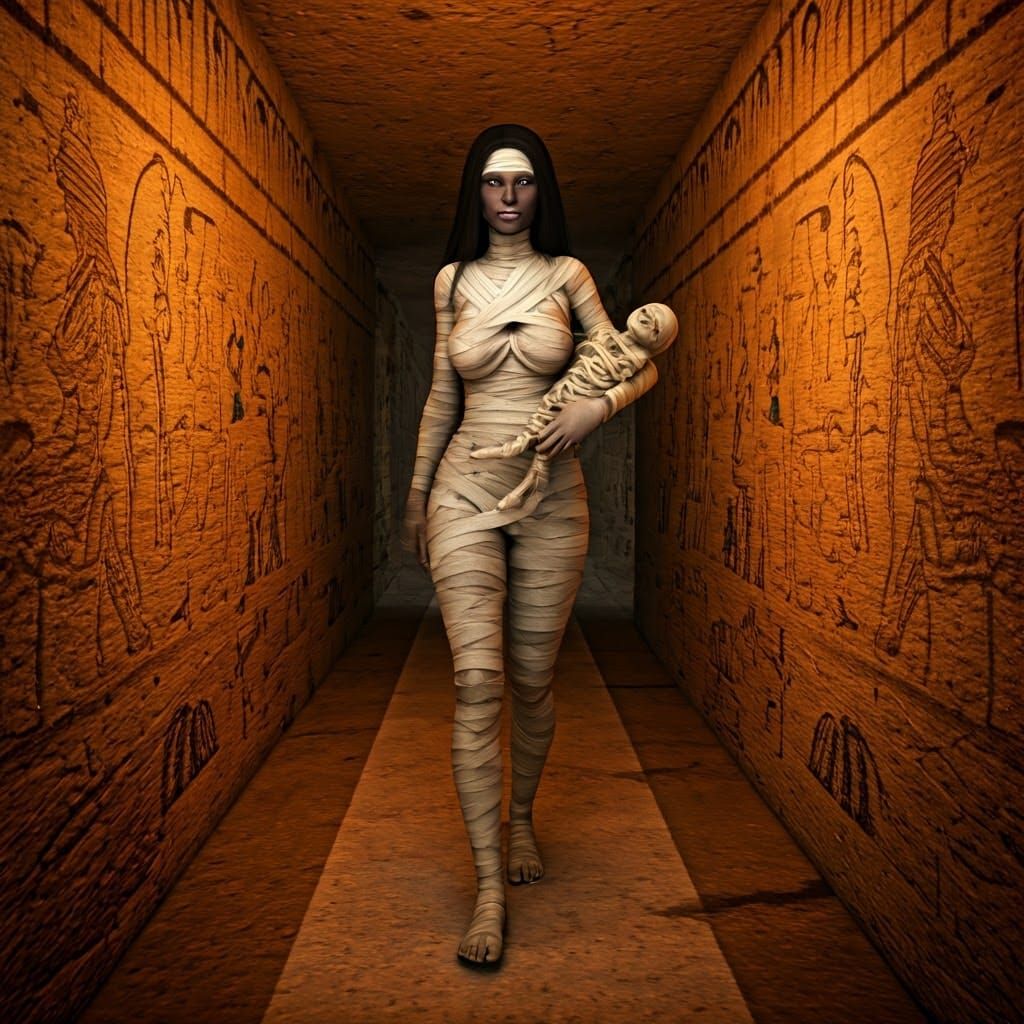 Mummy and Child in Ancient Tomb