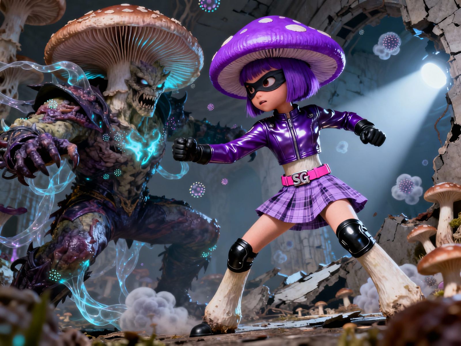 Spore-Girl: Fungal Superhero in 3D Illustration