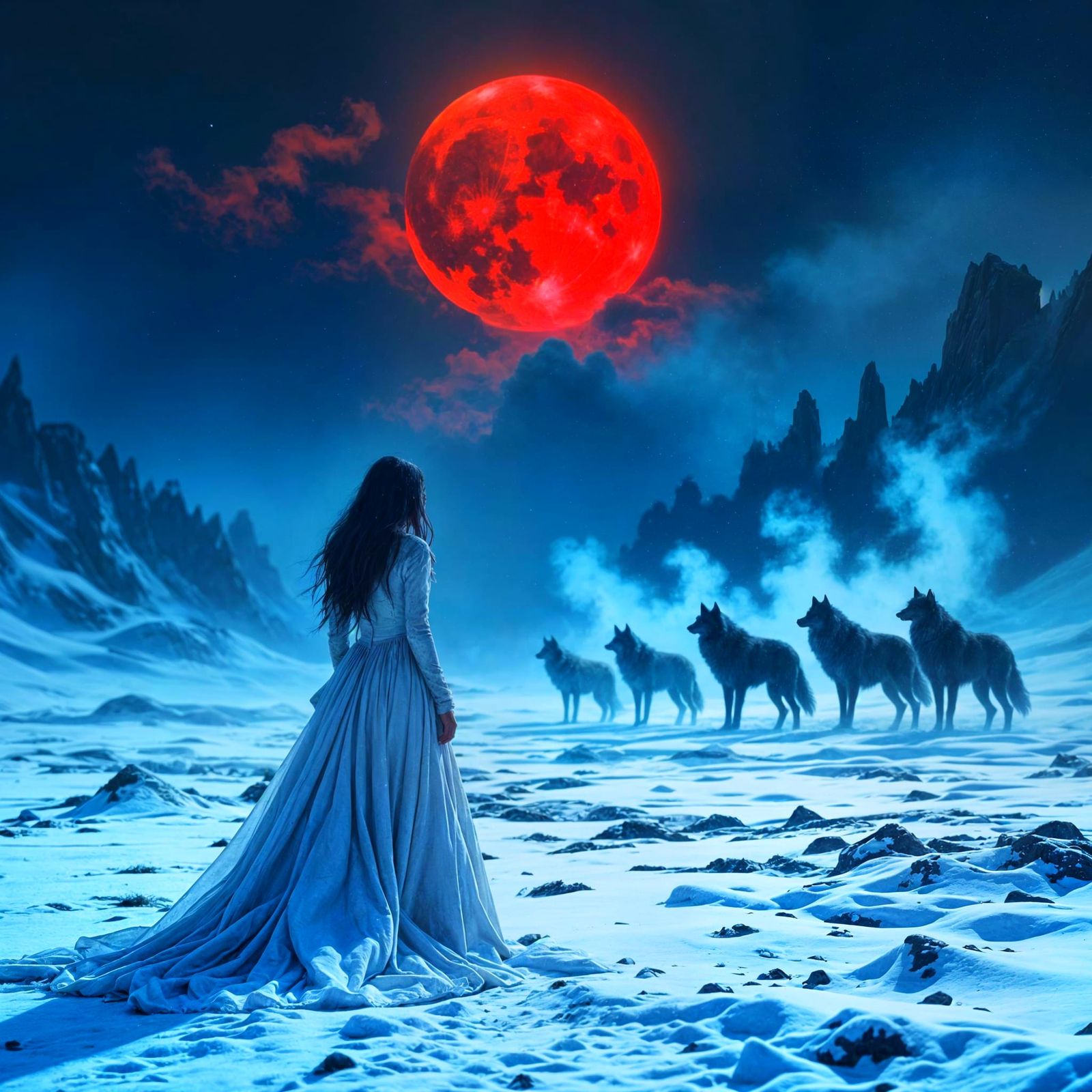 Ethereal Woman on Snowy Battlefield with Spectral Wolves