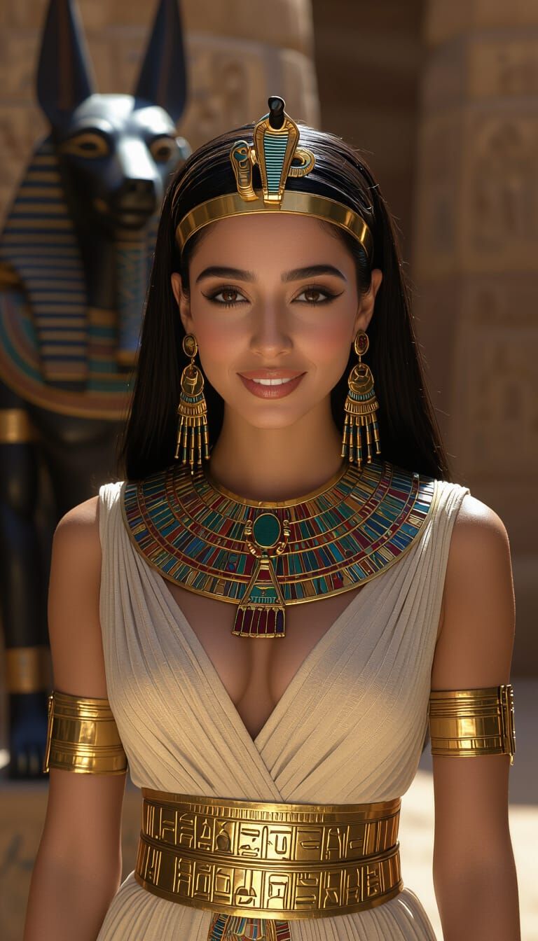 Pharaonic Queen Before Anubis Statue in Ancient Temple
