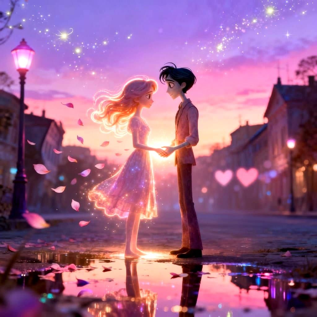 Romantic Couple in Magical Twilight Cityscape
